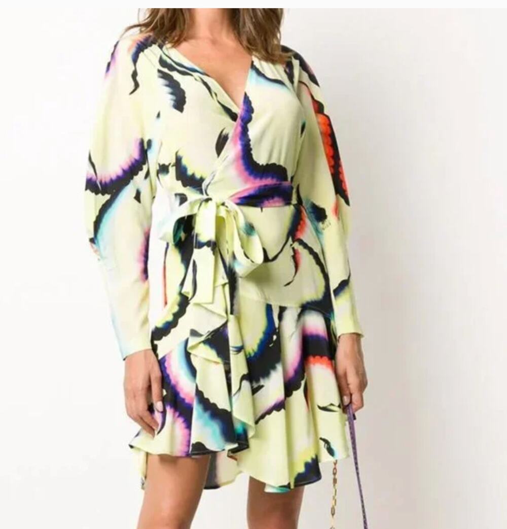 A.L.C. Enzo Silk Chiffon Wrap Dress Yellow Psychedelic Mini Womens 6